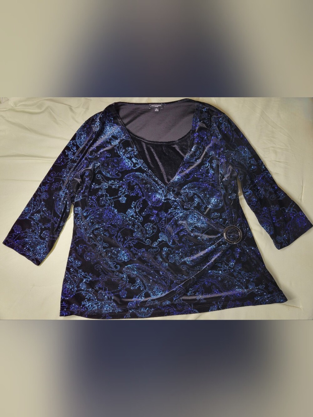 Faux Velvet Wrap-Style Women’s Top in Navy Blue